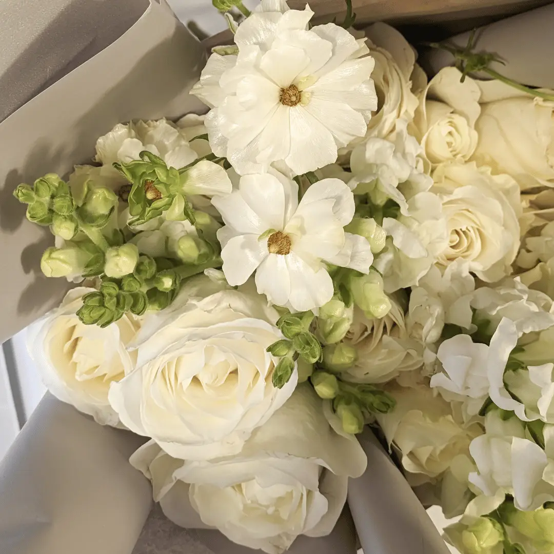 This is a closeup photo of our all-white bouquet named Pure Justice